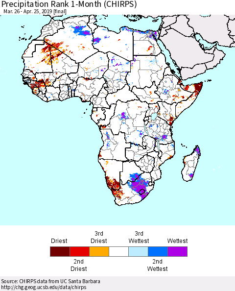 Africa Precipitation Rank since 1981, 1-Month (CHIRPS) Thematic Map For 3/26/2019 - 4/25/2019