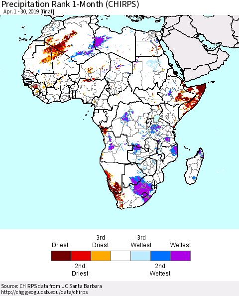 Africa Precipitation Rank since 1981, 1-Month (CHIRPS) Thematic Map For 4/1/2019 - 4/30/2019