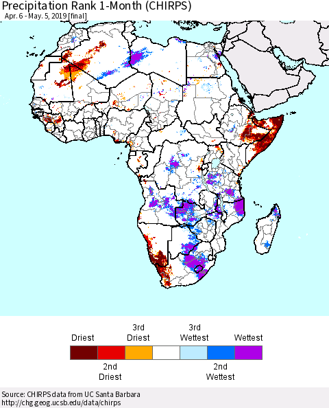 Africa Precipitation Rank since 1981, 1-Month (CHIRPS) Thematic Map For 4/6/2019 - 5/5/2019