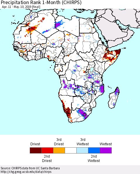 Africa Precipitation Rank since 1981, 1-Month (CHIRPS) Thematic Map For 4/11/2019 - 5/10/2019