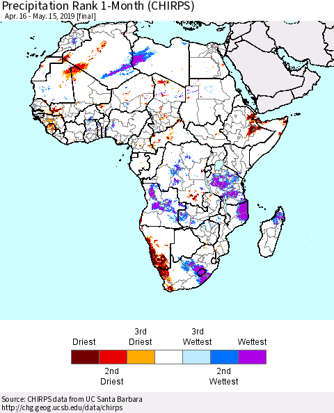 Africa Precipitation Rank since 1981, 1-Month (CHIRPS) Thematic Map For 4/16/2019 - 5/15/2019