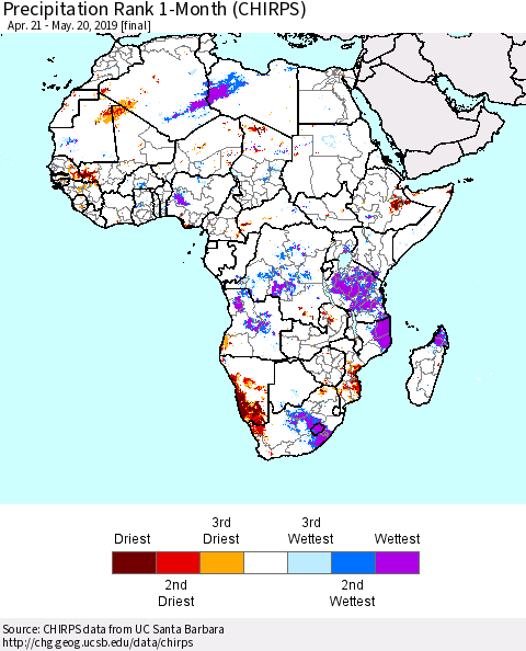 Africa Precipitation Rank since 1981, 1-Month (CHIRPS) Thematic Map For 4/21/2019 - 5/20/2019