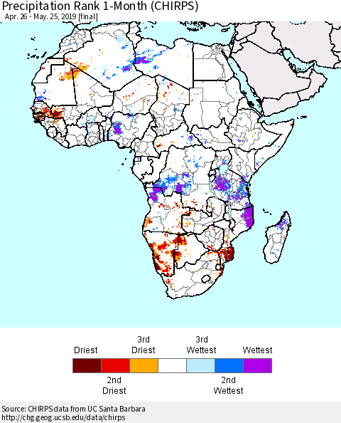 Africa Precipitation Rank since 1981, 1-Month (CHIRPS) Thematic Map For 4/26/2019 - 5/25/2019