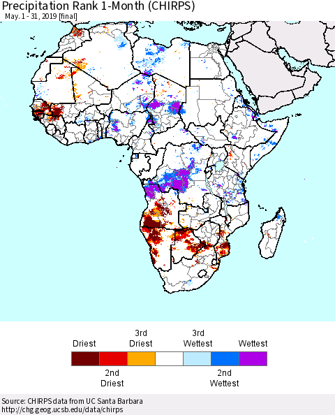 Africa Precipitation Rank since 1981, 1-Month (CHIRPS) Thematic Map For 5/1/2019 - 5/31/2019