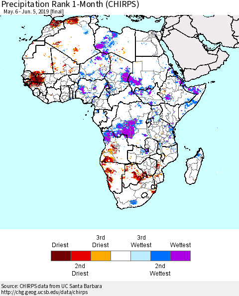 Africa Precipitation Rank since 1981, 1-Month (CHIRPS) Thematic Map For 5/6/2019 - 6/5/2019