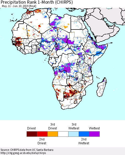 Africa Precipitation Rank since 1981, 1-Month (CHIRPS) Thematic Map For 5/11/2019 - 6/10/2019
