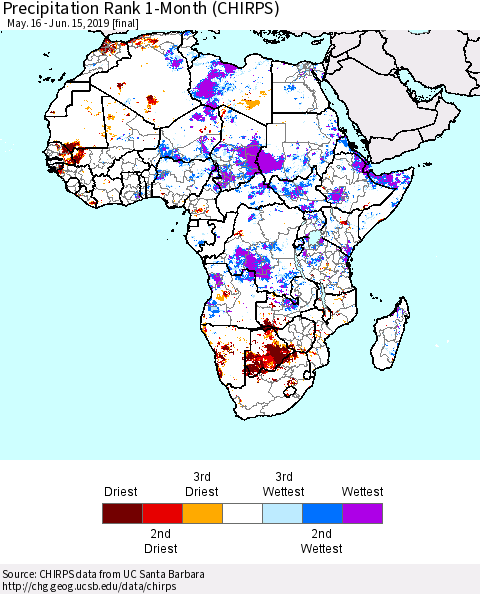 Africa Precipitation Rank since 1981, 1-Month (CHIRPS) Thematic Map For 5/16/2019 - 6/15/2019