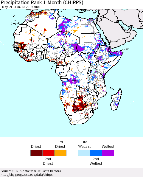 Africa Precipitation Rank since 1981, 1-Month (CHIRPS) Thematic Map For 5/21/2019 - 6/20/2019