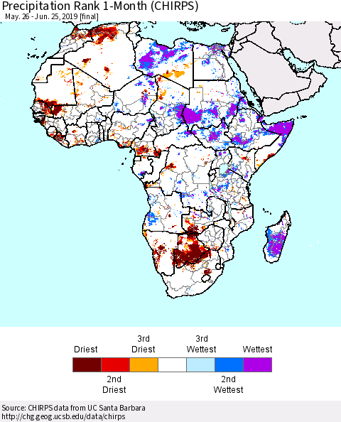 Africa Precipitation Rank since 1981, 1-Month (CHIRPS) Thematic Map For 5/26/2019 - 6/25/2019