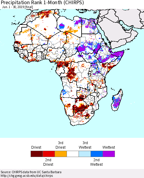 Africa Precipitation Rank since 1981, 1-Month (CHIRPS) Thematic Map For 6/1/2019 - 6/30/2019