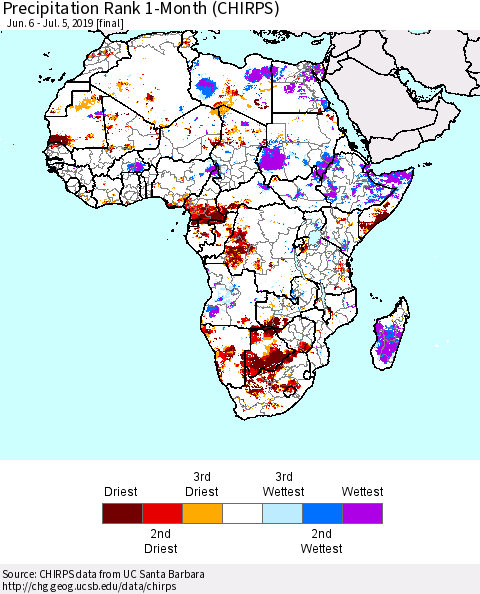 Africa Precipitation Rank since 1981, 1-Month (CHIRPS) Thematic Map For 6/6/2019 - 7/5/2019