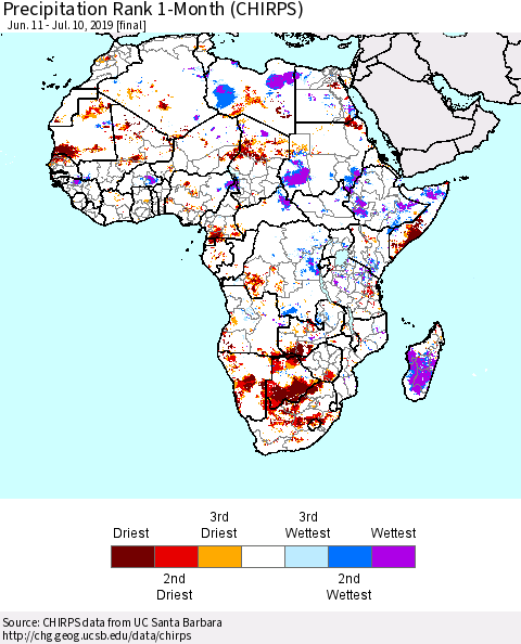 Africa Precipitation Rank since 1981, 1-Month (CHIRPS) Thematic Map For 6/11/2019 - 7/10/2019