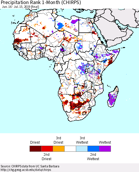 Africa Precipitation Rank since 1981, 1-Month (CHIRPS) Thematic Map For 6/16/2019 - 7/15/2019