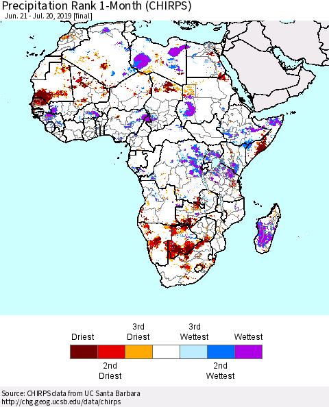 Africa Precipitation Rank since 1981, 1-Month (CHIRPS) Thematic Map For 6/21/2019 - 7/20/2019