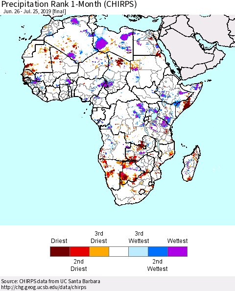Africa Precipitation Rank since 1981, 1-Month (CHIRPS) Thematic Map For 6/26/2019 - 7/25/2019