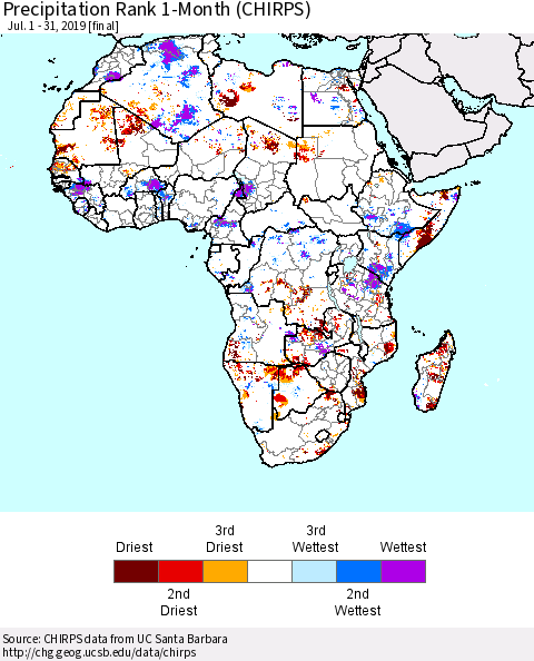 Africa Precipitation Rank since 1981, 1-Month (CHIRPS) Thematic Map For 7/1/2019 - 7/31/2019