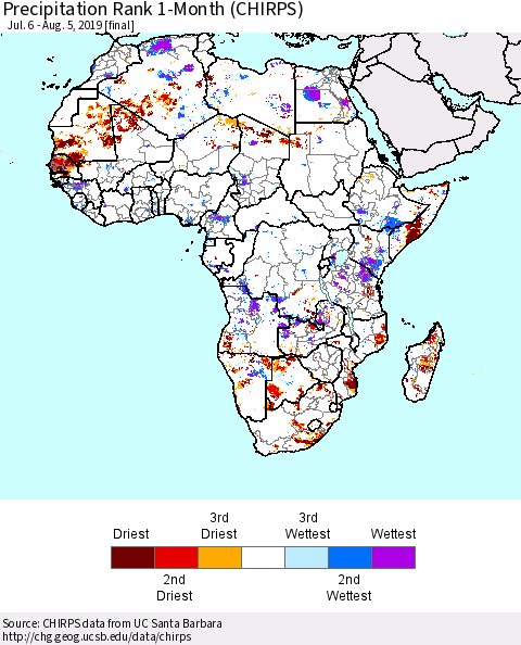 Africa Precipitation Rank since 1981, 1-Month (CHIRPS) Thematic Map For 7/6/2019 - 8/5/2019