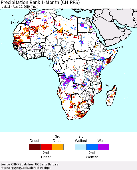 Africa Precipitation Rank since 1981, 1-Month (CHIRPS) Thematic Map For 7/11/2019 - 8/10/2019