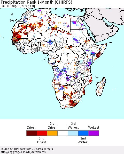 Africa Precipitation Rank since 1981, 1-Month (CHIRPS) Thematic Map For 7/16/2019 - 8/15/2019