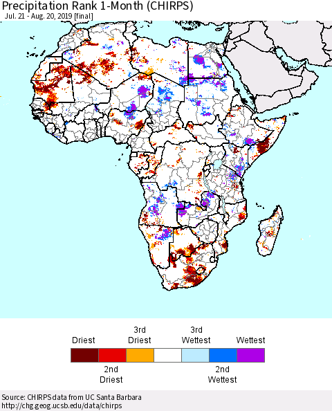 Africa Precipitation Rank since 1981, 1-Month (CHIRPS) Thematic Map For 7/21/2019 - 8/20/2019