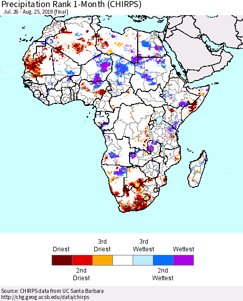 Africa Precipitation Rank since 1981, 1-Month (CHIRPS) Thematic Map For 7/26/2019 - 8/25/2019