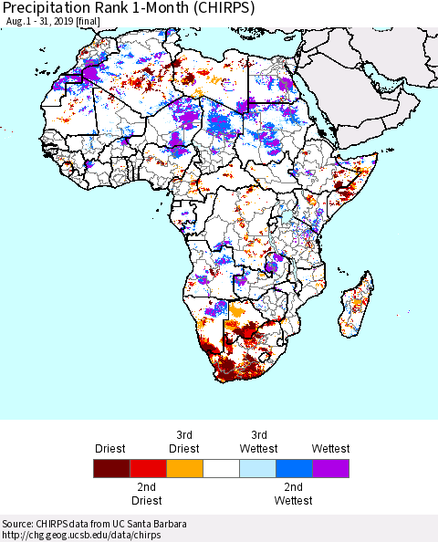 Africa Precipitation Rank since 1981, 1-Month (CHIRPS) Thematic Map For 8/1/2019 - 8/31/2019