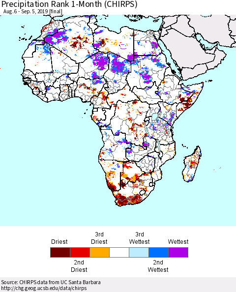 Africa Precipitation Rank since 1981, 1-Month (CHIRPS) Thematic Map For 8/6/2019 - 9/5/2019