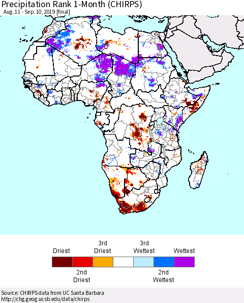 Africa Precipitation Rank since 1981, 1-Month (CHIRPS) Thematic Map For 8/11/2019 - 9/10/2019