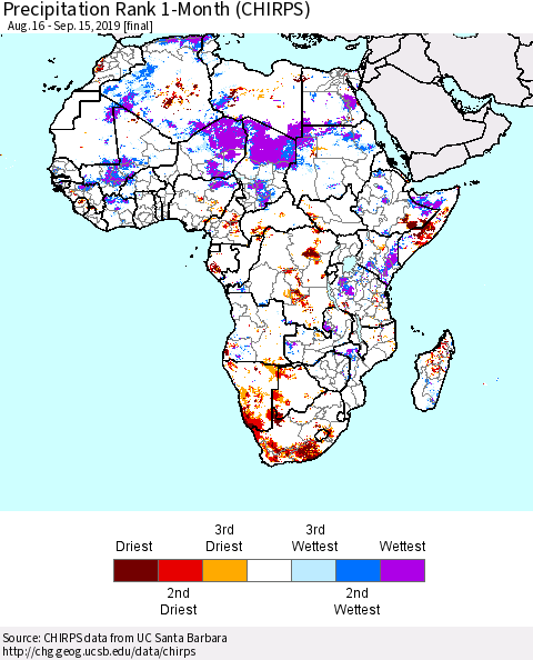 Africa Precipitation Rank since 1981, 1-Month (CHIRPS) Thematic Map For 8/16/2019 - 9/15/2019