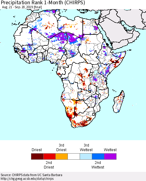 Africa Precipitation Rank since 1981, 1-Month (CHIRPS) Thematic Map For 8/21/2019 - 9/20/2019