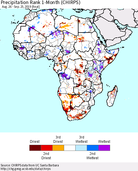 Africa Precipitation Rank since 1981, 1-Month (CHIRPS) Thematic Map For 8/26/2019 - 9/25/2019