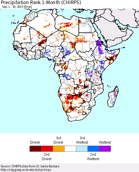 Africa Precipitation Rank since 1981, 1-Month (CHIRPS) Thematic Map For 9/1/2019 - 9/30/2019