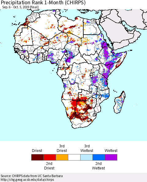 Africa Precipitation Rank since 1981, 1-Month (CHIRPS) Thematic Map For 9/6/2019 - 10/5/2019