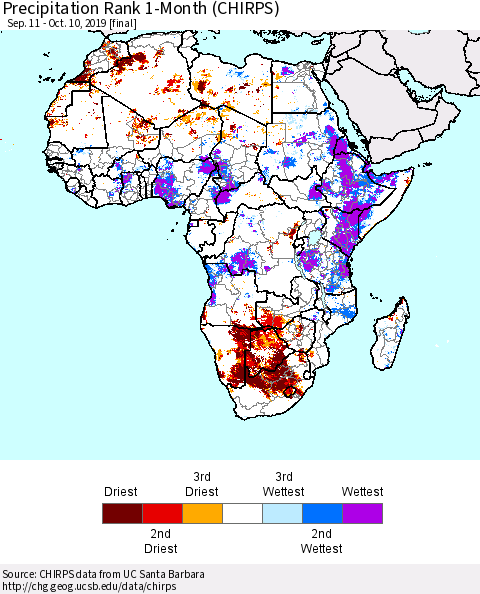 Africa Precipitation Rank since 1981, 1-Month (CHIRPS) Thematic Map For 9/11/2019 - 10/10/2019