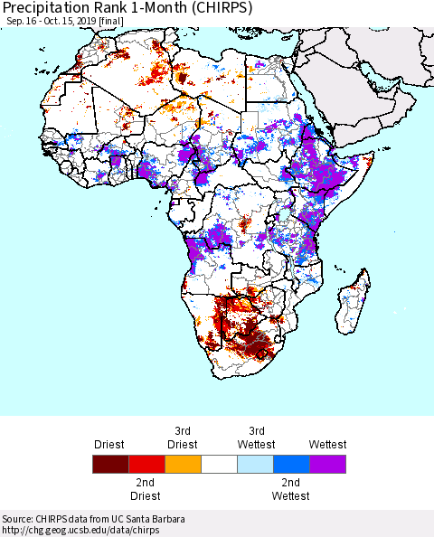 Africa Precipitation Rank since 1981, 1-Month (CHIRPS) Thematic Map For 9/16/2019 - 10/15/2019