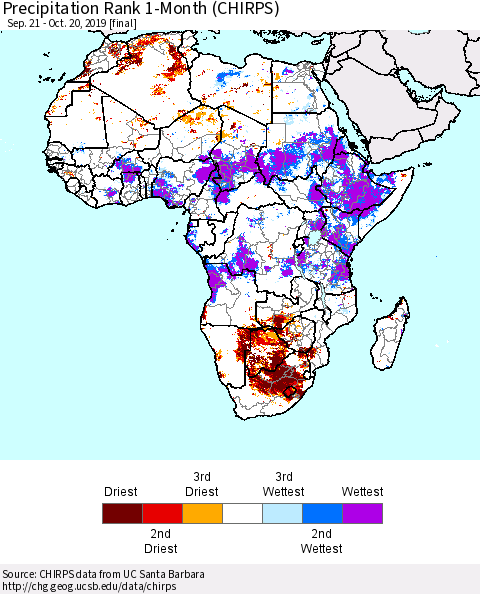 Africa Precipitation Rank since 1981, 1-Month (CHIRPS) Thematic Map For 9/21/2019 - 10/20/2019