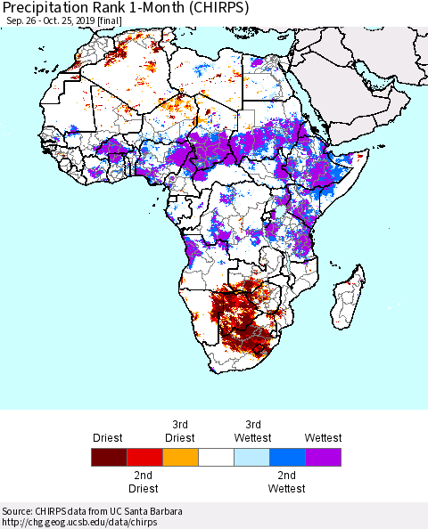 Africa Precipitation Rank since 1981, 1-Month (CHIRPS) Thematic Map For 9/26/2019 - 10/25/2019