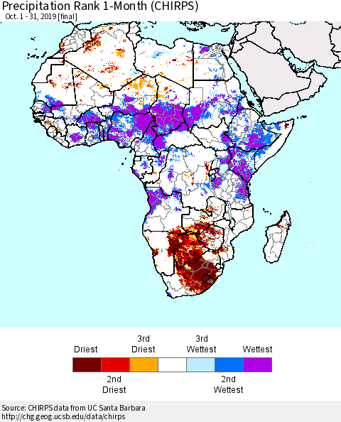 Africa Precipitation Rank since 1981, 1-Month (CHIRPS) Thematic Map For 10/1/2019 - 10/31/2019
