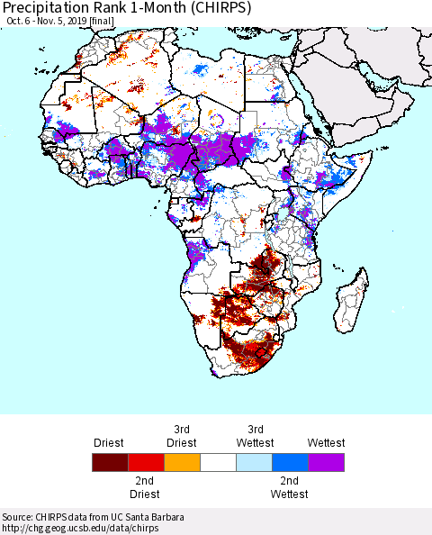 Africa Precipitation Rank since 1981, 1-Month (CHIRPS) Thematic Map For 10/6/2019 - 11/5/2019