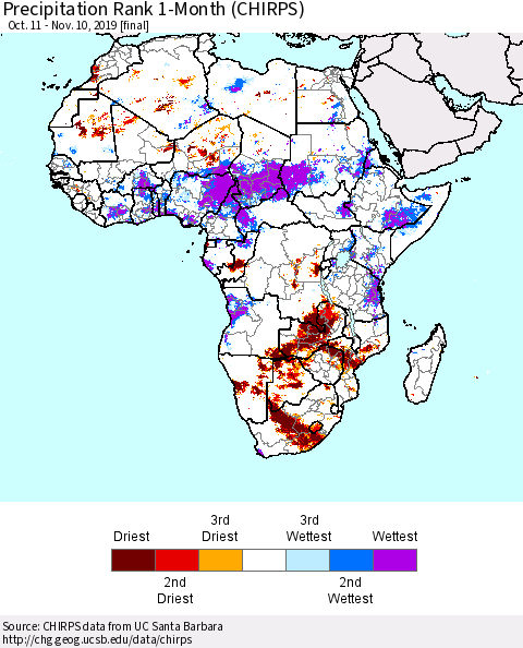 Africa Precipitation Rank since 1981, 1-Month (CHIRPS) Thematic Map For 10/11/2019 - 11/10/2019