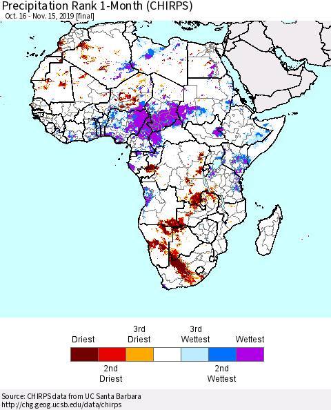 Africa Precipitation Rank since 1981, 1-Month (CHIRPS) Thematic Map For 10/16/2019 - 11/15/2019