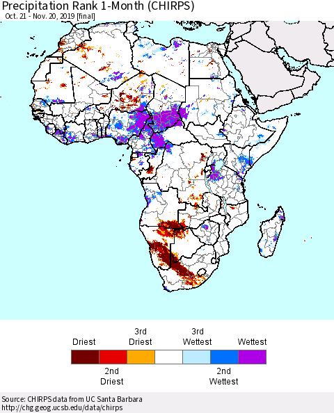 Africa Precipitation Rank since 1981, 1-Month (CHIRPS) Thematic Map For 10/21/2019 - 11/20/2019