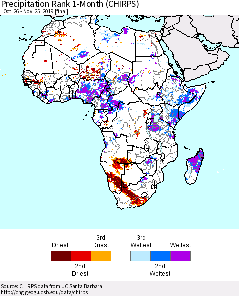 Africa Precipitation Rank since 1981, 1-Month (CHIRPS) Thematic Map For 10/26/2019 - 11/25/2019