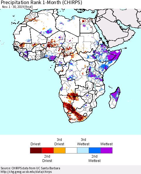 Africa Precipitation Rank since 1981, 1-Month (CHIRPS) Thematic Map For 11/1/2019 - 11/30/2019