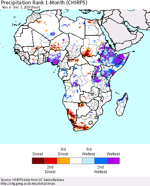 Africa Precipitation Rank since 1981, 1-Month (CHIRPS) Thematic Map For 11/6/2019 - 12/5/2019