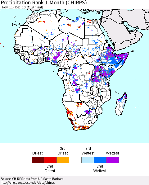 Africa Precipitation Rank since 1981, 1-Month (CHIRPS) Thematic Map For 11/11/2019 - 12/10/2019