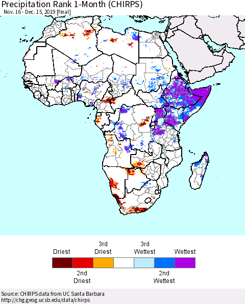 Africa Precipitation Rank since 1981, 1-Month (CHIRPS) Thematic Map For 11/16/2019 - 12/15/2019