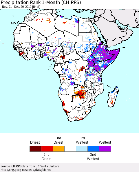 Africa Precipitation Rank since 1981, 1-Month (CHIRPS) Thematic Map For 11/21/2019 - 12/20/2019