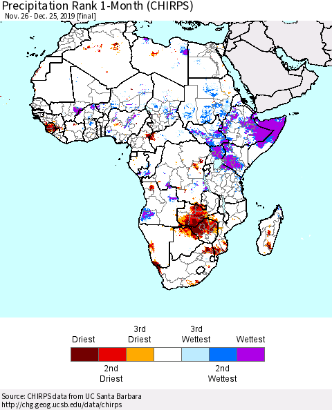 Africa Precipitation Rank since 1981, 1-Month (CHIRPS) Thematic Map For 11/26/2019 - 12/25/2019