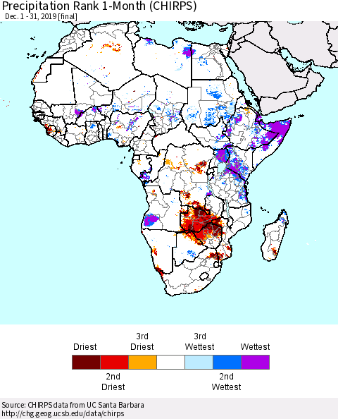 Africa Precipitation Rank since 1981, 1-Month (CHIRPS) Thematic Map For 12/1/2019 - 12/31/2019